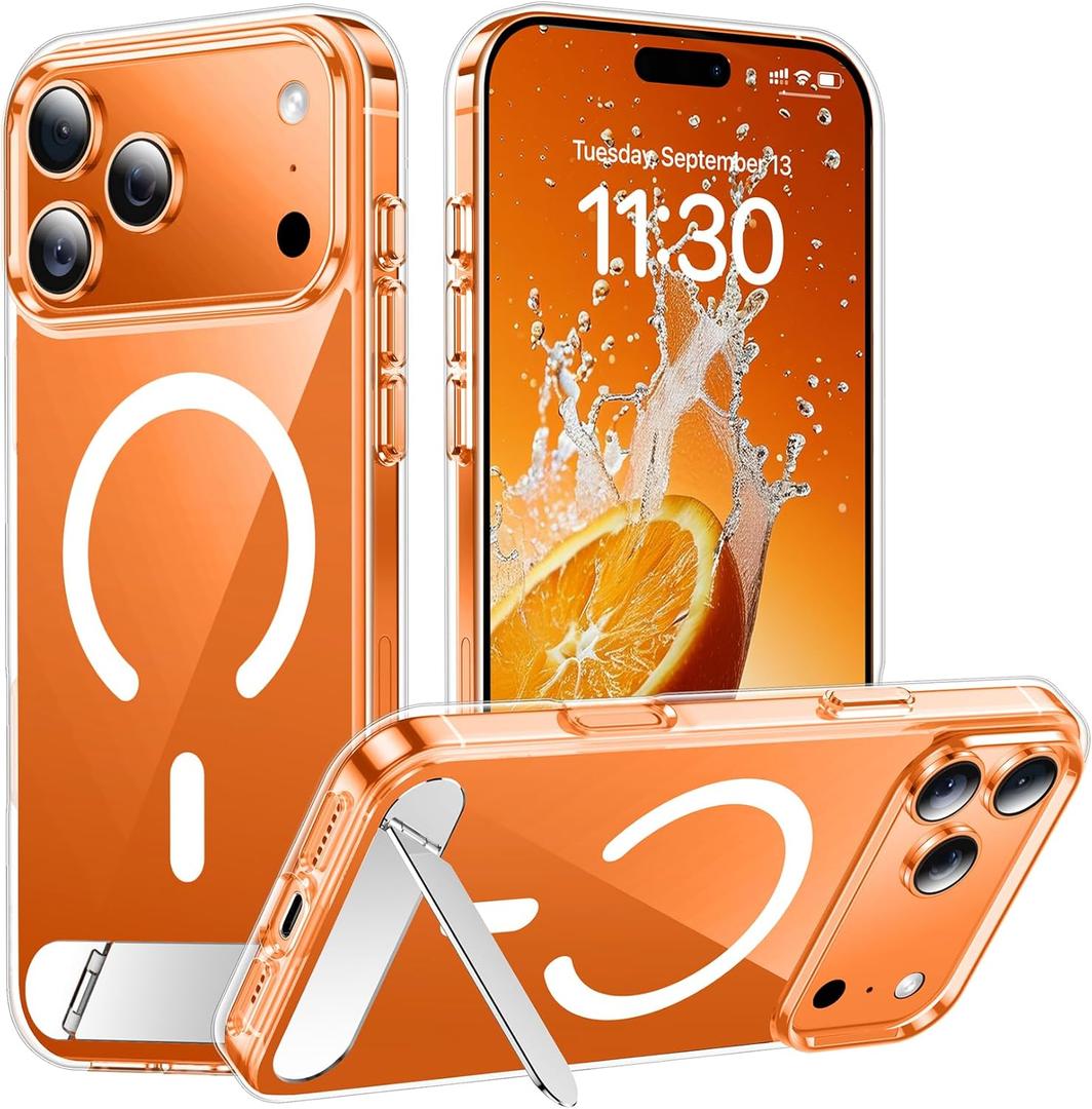 Temdan Designed for iPhone 17 Pro Case, [Built-in Invisible Kickstand][Compatible with MagSafe][Military Grade Shockproof] Slim Thin Phone Case 6.3 inch (Clear)
