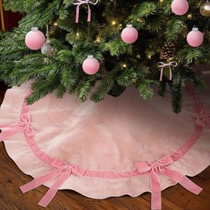 Syhood Christmas Tree Skirt 30" Scallop Velvet Tree Skirt with Bow Small Christmas Decoration for Xmas Holiday Indoor Outdoor Seasonal Home Decors(Pink Bow)
