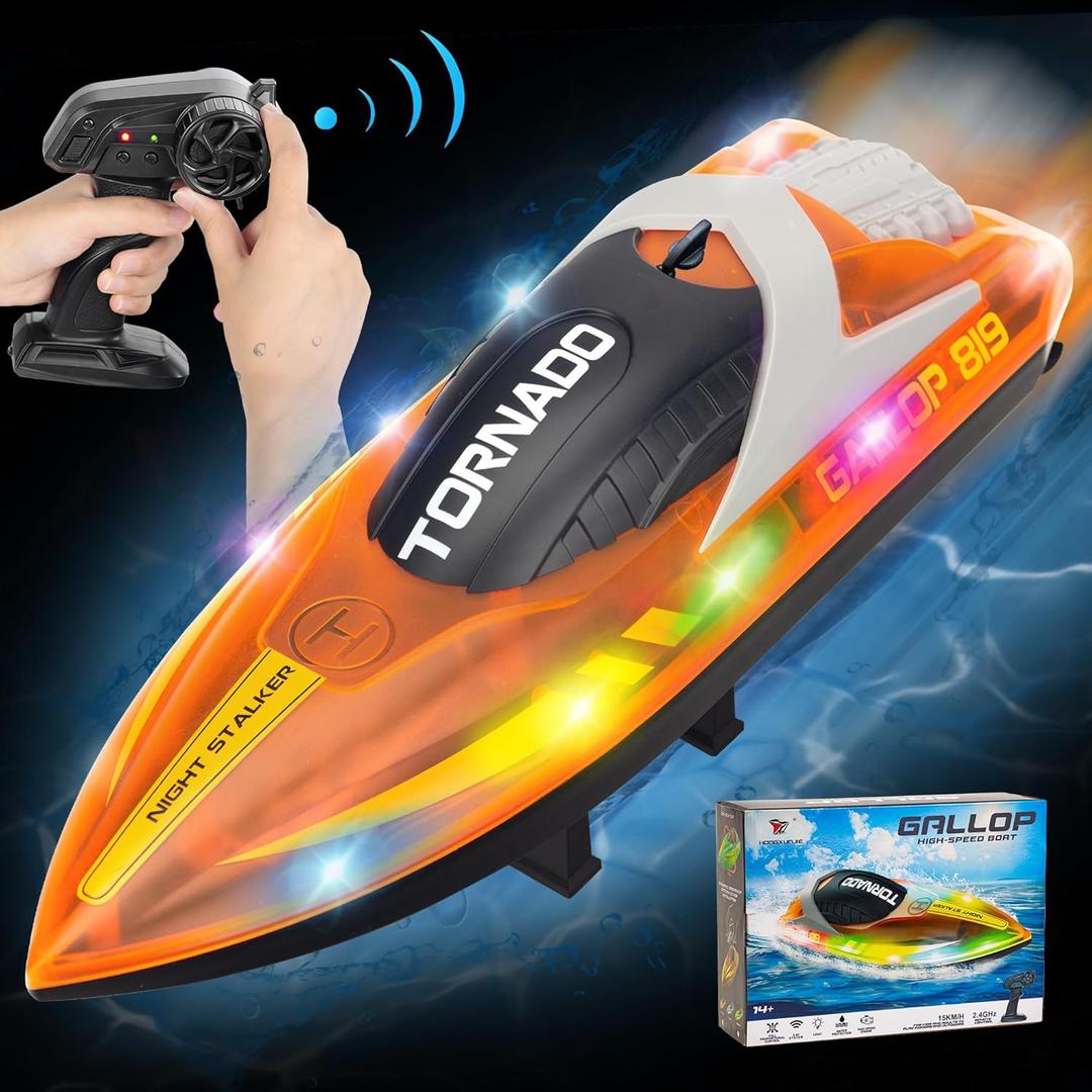 Remote Control Boats for 8-12, 15+ MPH Fast RC Boat with LED Lights, 2.4G RC Electric Speed Boats Pool and Lakes Toys for Kids (819-orange Yellow)