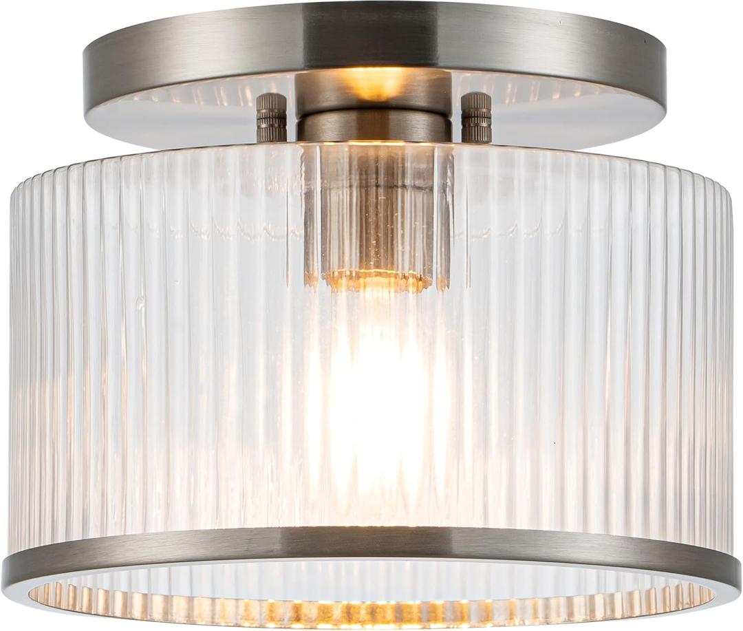 Zlepmlla Glass Ceiling Light, Clear Ribbed Glass Ceiling Light Fixture with Nickel Metal Frame, Modern Semi Flush Mount Ceiling Light for Hallway,Entryway, Bedroom, Bathroom, Kitchen