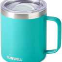 SUNWILL Insulated Coffee Mug with Lid, Travel Tumbler with Handle, 14 oz Stainless Steel Cup for Camping, Office, Home, Powder Coated Teal