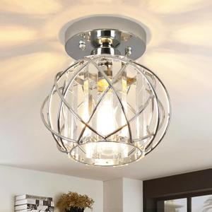 Hallway Light Fixtures Ceiling,Modern Chrome Crystal Ceiling Lights Fixture, Semi Flush Mount E26 Small Hallway Lighting Fixtures Ceiling Light for Porch Entryway Foyer Bathroom