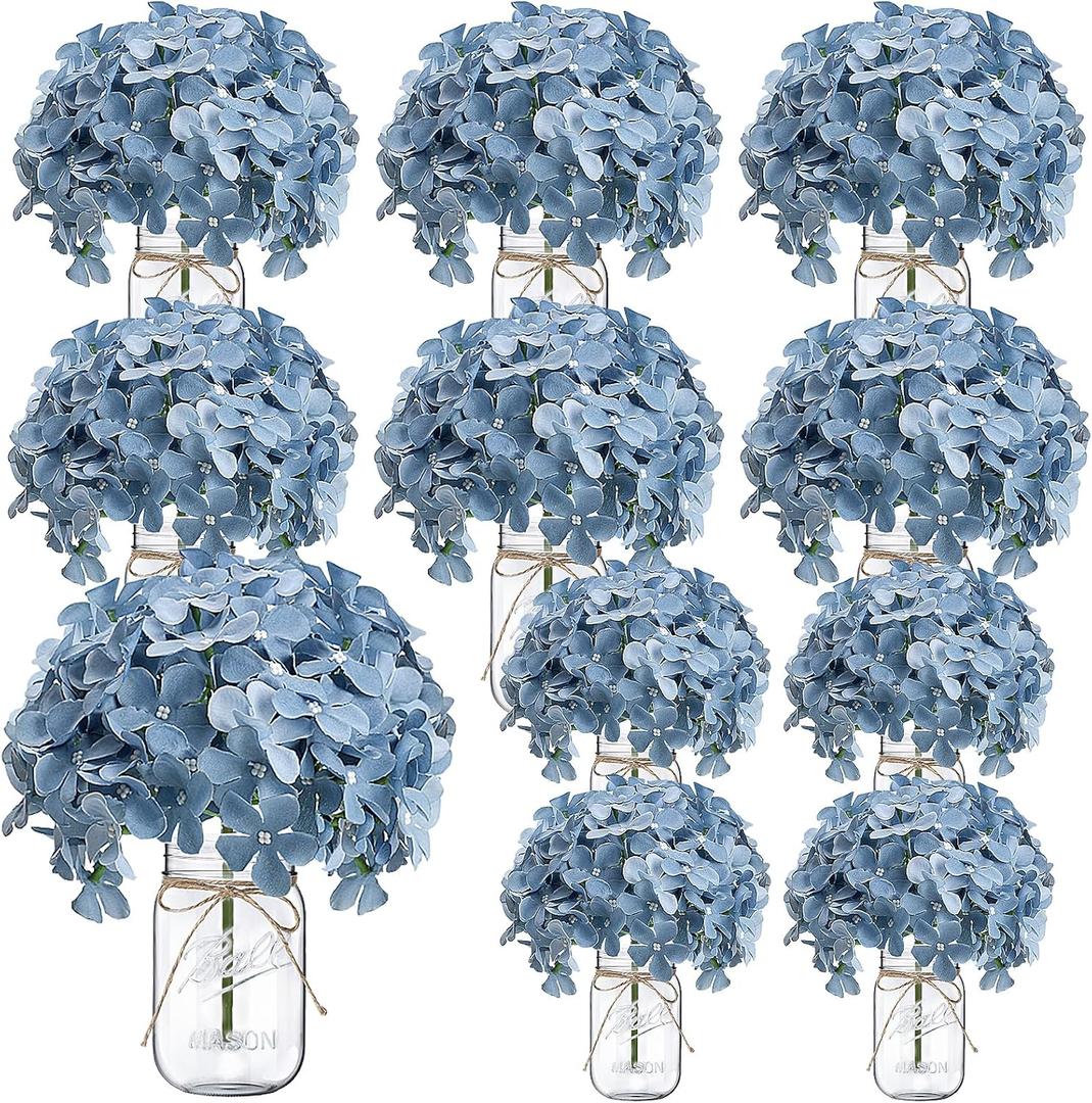 Hydrangea Flower in Mason Jars, 10 Set Flower Table Centerpieces Bulk Glass Flowers Vases Decor for Home Party Wedding Bridal Shower Graduation Boho Decorative(Dusty Blue)