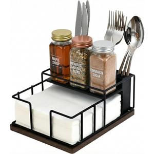 Napkin Holder for Table, 3-in-1 Wood & Metal Utensil Caddy, Cutlery Organizer & Spice Rack for Kitchen Counter, Dining, Outdoor Patio (Black)