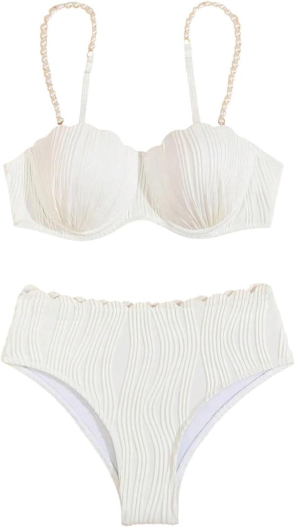 MakeMeChic Women's 2 Piece Bikini Set Textured Pearl Beaded Strap Scallop Trim High Waist Swimsuit (White, L)