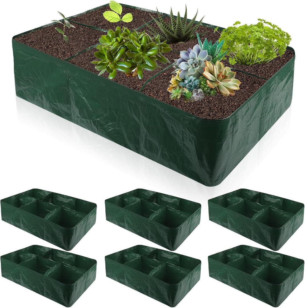 Gerrii 6 Pack 35 Gallon Fabric Raised Garden Beds Rectangle Garden Planting Bed with 6 Divided Grids Drainage Holes 4 Pcs Warehouse Gloves for Vegetables Flowers Tomatoes Herb(Polypropylene, Cotton)