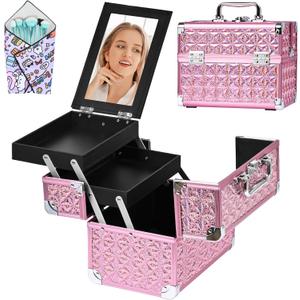 Makeup Case Organizer,Makeup Train Case, Trays Cosmetic Box Portable, Profesional for Salon Barber,Pink