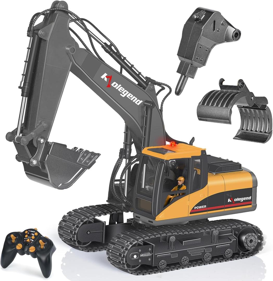 Kolegend 3 in 1 Remote Control Excavator Toy 1/14 Scale RC Excavator, 15 Channel Upgrade Full Functional Construction Vehicles with Tools Metal Breaker and Electric Gripper(Yellow/Black) (Medium)