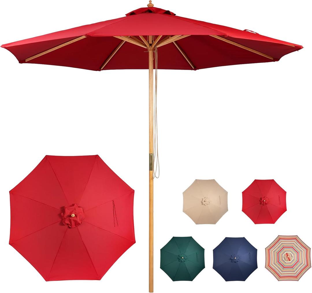 9ft Bamboo Umbrella, Outdoor Patio Umbrella, Waterproof Market Umbrella, 8 Ribs Table Umbrella with Pulley Lift for Garden, Deck, Pool, lawn, Backyard (RED)