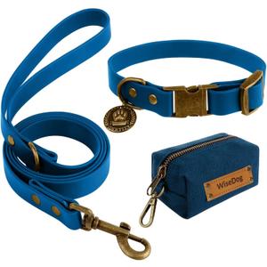 Wisedog Dog Collar and Leash Set Combo, Waterproof Ajustable Pet Collars with Cute Tags 6FT Dog Leash with Poop Bag for Small Medium Large Dogs (M, Blue)
