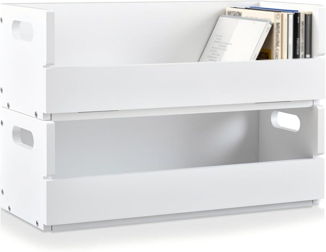 2 Set Wooden CD Storage Box Holder Shelf Cassette Tape Display Racks with Carrying Handles, Organizer Shelf for Movie Cases, DVDs, Each Set Can Store up to 36 Pcs CDs (White)