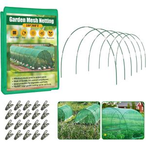 Garden Mesh Netting Kit for Raised Beds, 10x30FT Green Garden Netting 6 Sets Fiberglass Garden Hoops, Row Cover Garden Netting Pest Barrier Plant Protection for Vegetable Flowers Fruits