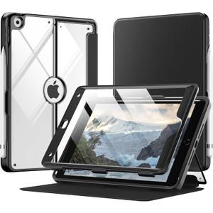 MoKo Case for iPad 9th Generation with Pencil Holder, iPad 8th/7th Gen Case 10.2-inch, Built-in Screen Protector Clear Back, Stain Resistant Multi Angle Viewing Stand, Auto Wake/Sleep, Black