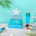 4Pcs The Beach is My Happy Place Table Signs Starfish Beach Wooden Tabletop Centerpiece Blue Rustic Summer Decorations for Office Home Shelf Mantel Tiered Tray Decor