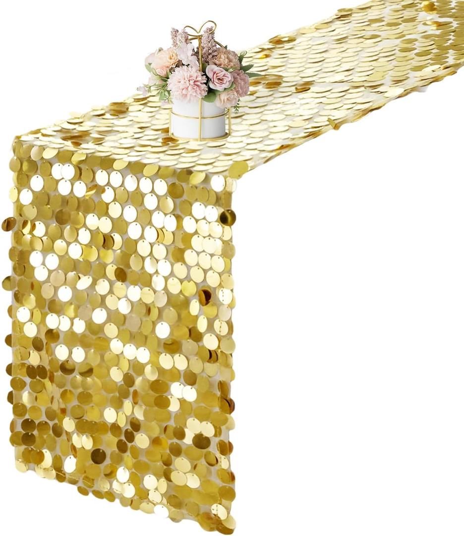 Yblut 12 x 108 Inch Gold Sequin Table Runner Glitter Rectangle Big Sequin Table Runner for Wedding Party Birthday Christmas Halloween Decoration (1 Pack)