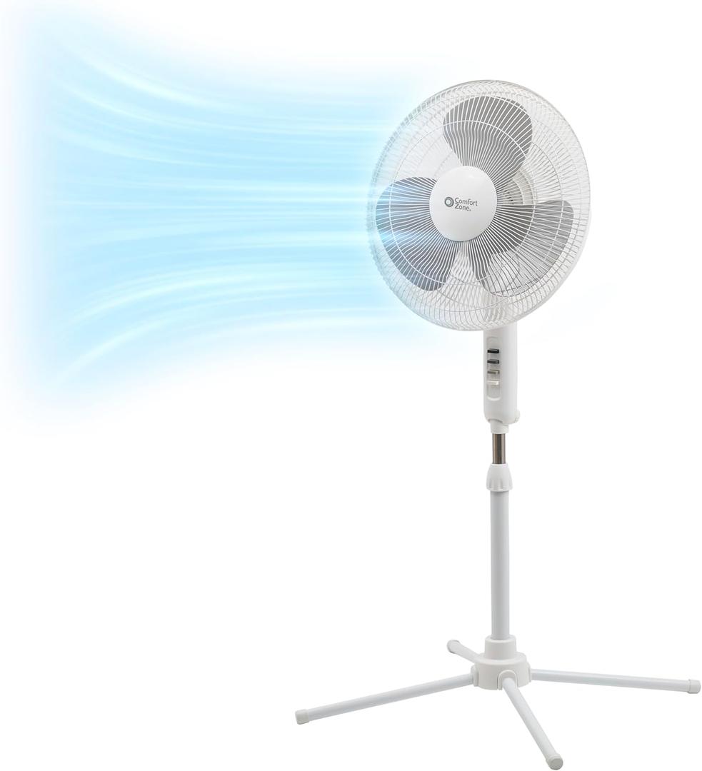 Comfort Zone Stand Fan, 16 inch Pedestal Fan for Bedroom, 3 Speed Floor Fan, 90 Degree Oscillation, Adjustable Height, Adjustable Tilt, Oscillating Air Circulator, Quiet Fan for Home or Office, White (White)