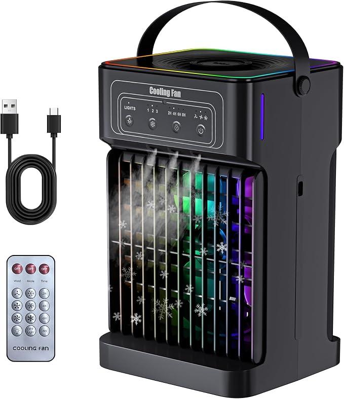 Portable Air Conditioners, 2026 Upgraded 4-IN-1 Quiet Portable AC Unit with Remote, 1100ML Tank Evaporative Air Cooler, 7 Color Light Personal Mini Air Conditioner for Bedroom,Office, Camping, Car,RV