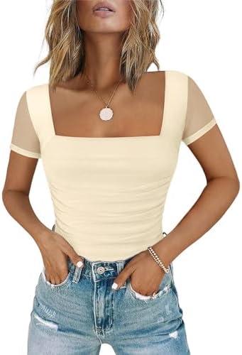 Chunpin Women's Bodysuits Square Neck Long Sleeve Bodysuits Mesh Ruched Thong Body Suit Outfits Going Out Tops S