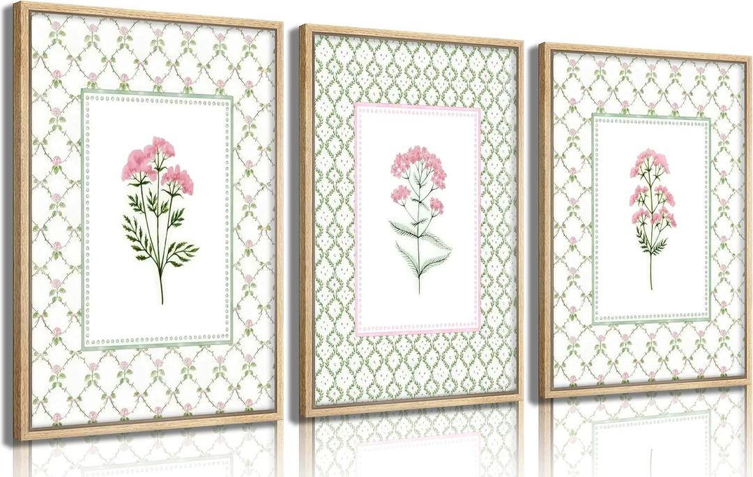 3PCS Green Plaid Pink Floral Wall Art Wildflower Baby Room Painting Picture Wall Decor Botanical Flower Boho Poster Print Artwork for Bedroom living room baby room children's room dining room Home Decoration (24L" x 16W")