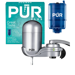 PUR PLUS Vertical Faucet Mount Water Filtration System, Lead-Reducing Filter, Great-Tasting Water, Easy Install, Lasts 100 Gallons, Compatible with Sinks with External Aerators, Chrome