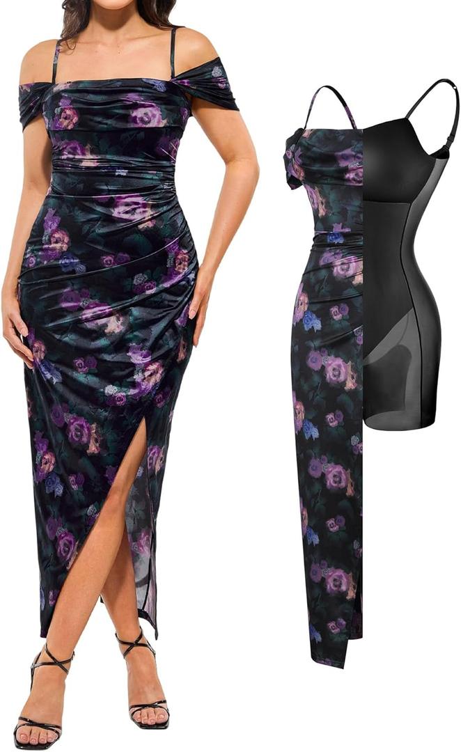 Popilush Womens Shapewear Maxi Dress Multi Way Wear Off The Shoulder Bodycon Long Cocktail Formal Dresses, Small