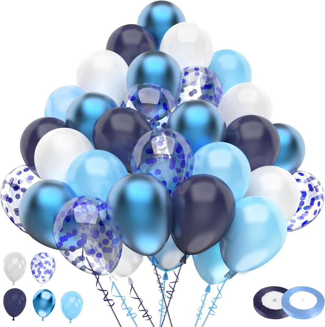 Blue White Metallic Balloon Set,100pcs 12 Inch Navy Pastel Pearl Blue Glitter Confetti Latex Balloons Kit for Baby Shower, Wedding, Birthday Party Decorations