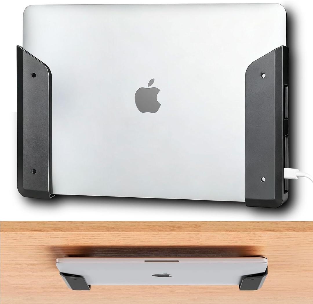 Under desk laptop mount,soft-protected edges, double-sided tape, 10 minutes install with this. Pair with our under desk laptop holder to hide laptop, router&cables ,keeping your desk clutter-free