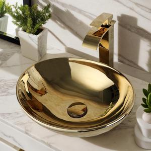 Oval Gold Vessel Sink with Faucet and Pop-Up Drain 17"x14" Bathroom Ceramic Basin Above Counter Bowl Sinks Thickened Compact Boat Shape Sinks for Small Bathrooms Vanities and Apartment Top