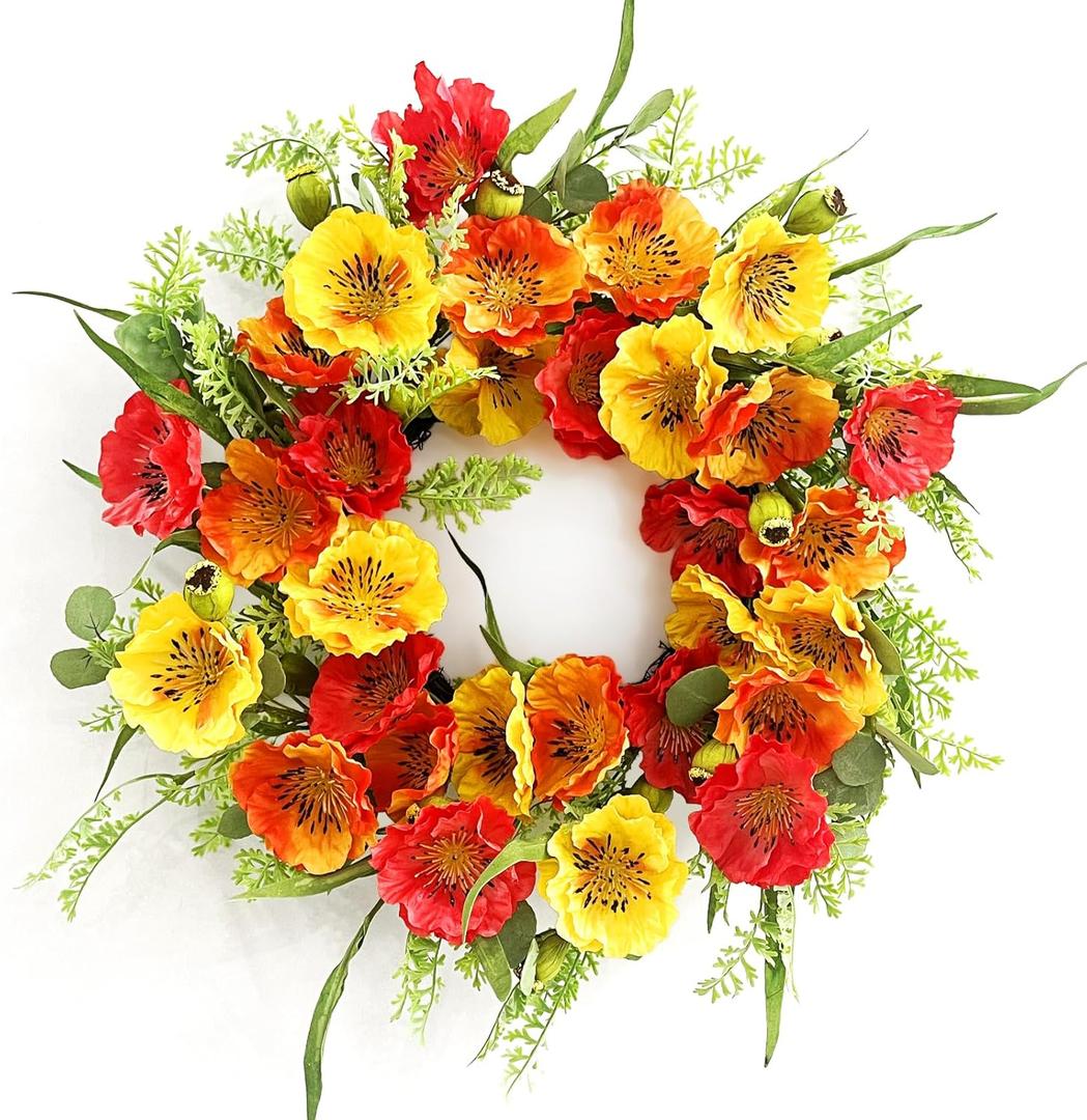 Huashen Spring Summer Wreaths for Front Door, 24 Inch Wreath with Poppy Flowers Green Leaves, Summer Floral Wreath for Front Door Outdoor Porch Home Wall (Red Orange)