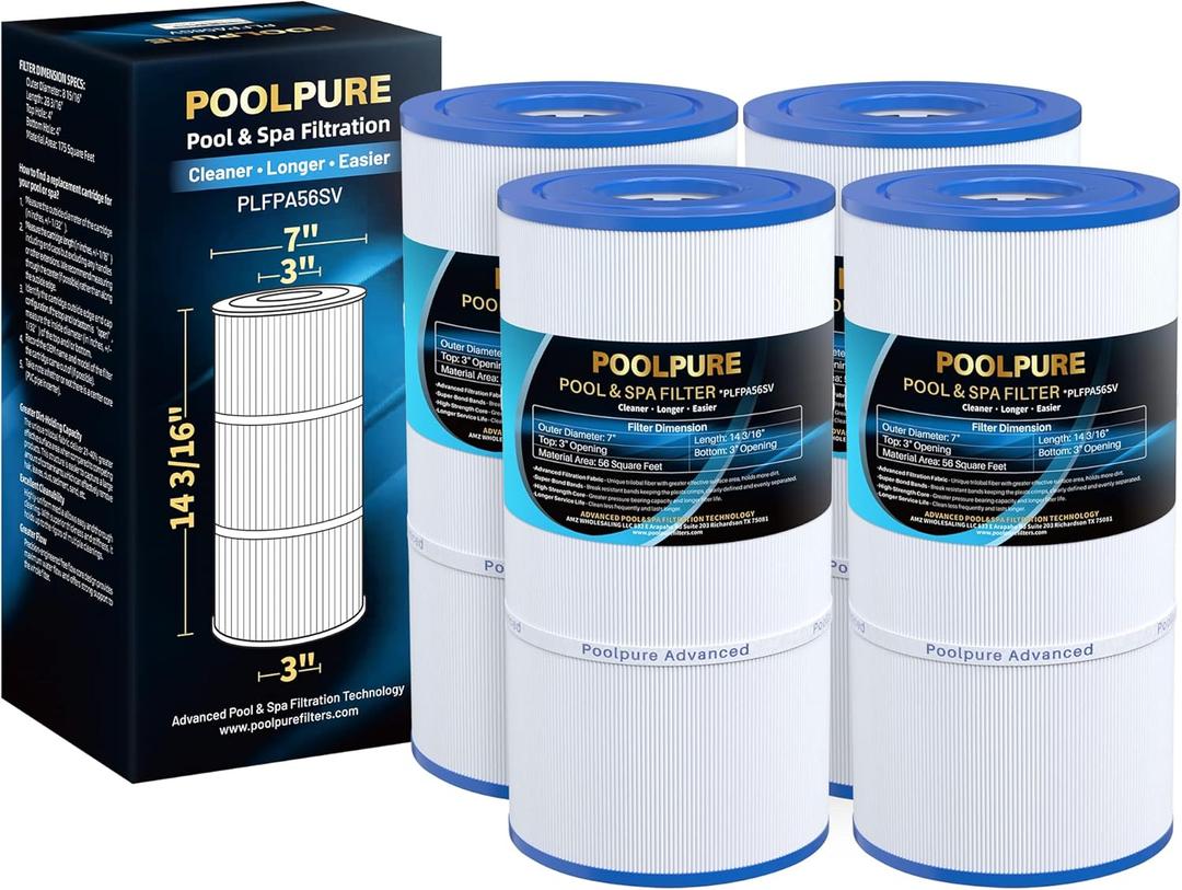POOLPURE Replacement for Pool Filter Hayward CX480XRE, Pleatco PA56SV-PAK4, Ultral-A4, Unicel C-7458, Filbur FC-1223, FC-6420, Hayward SwimClear C2020, C2025, 4X56 sq. ft. Filter Cartridge, L:14 3/16"