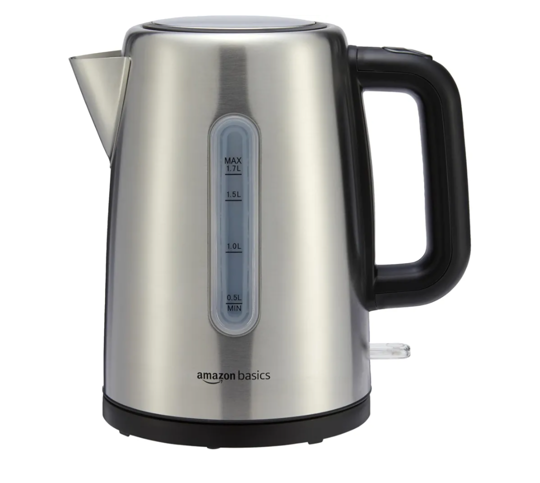 Amazon Basics Electric Stainless Steel Kettle for Tea and Coffee, BPA-Free, Fast Boiling, Auto Shut-Off, Boil-Dry Protection, 1.7 Liter, 1500W, Black and Silver
