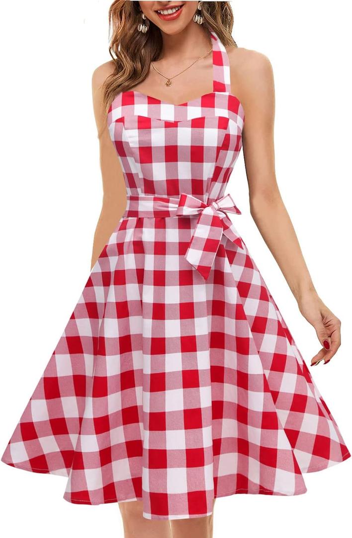 Topdress Women'sVintage Polka Audrey Dress 1950s Halter Retro Cocktail Dress (Small, Red White Plaid)