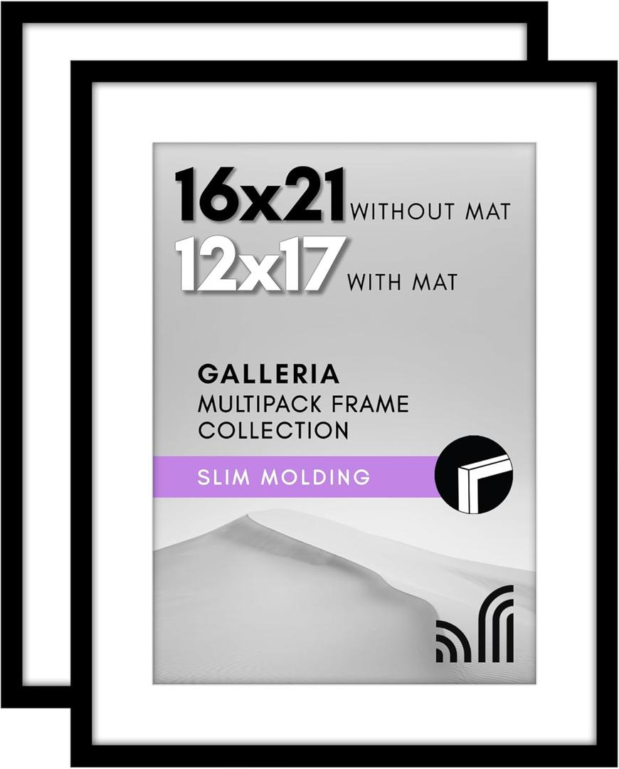 Americanflat 16x21 Picture Frame with Polished Plexiglass - Set of 2 - Use as 12x17 Frame with Mat or Display 16x21 Photo Without Mat - Galleria Collection - Picture Frames for Wall Display - Black