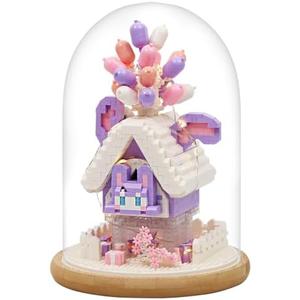 Insgen House Building Blocks Kit Toys Building Set, Miniature 1418 Pcs Micro Bricks Collectible Creative Teen Girl Gifts Age 14 and Up, Dust Cover, and Wooden Base Up Balloon Castle Set, Pack of 2
