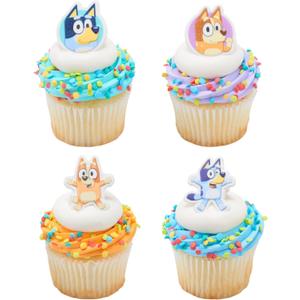 DecoPac Bluey So Much Fun Rings, 24 Cupcake Decorations Featuring Bluey, Bingo, Bandit, and Chilli, 3D Food Safe Cake Toppers  24 Pack