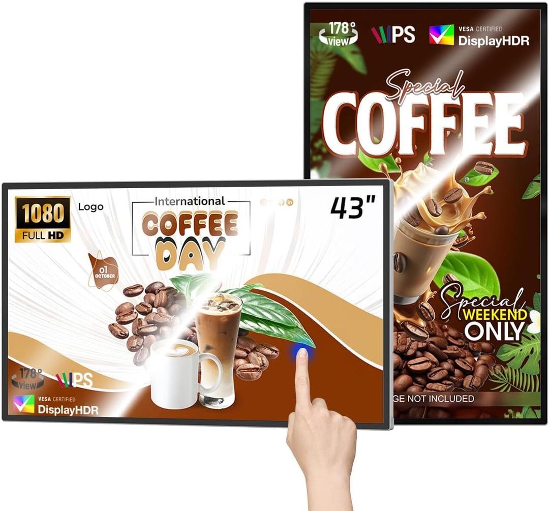 MWE 43 inch Wall Mount Digital Signage, FHD Touchscreen Monitor Android 14, Multi-Touch Screen Smart Split, Commercial Advertising Display, Time Switch, CMS Management, HD-MI/ USB/ WiFi/ for Windows