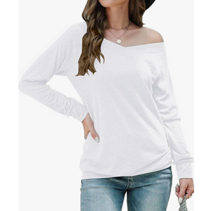 Halife Off Shoulder Tops for Women Long Sleeve V Neck Shirts Trendy Fashion Loose Fit Blouses L