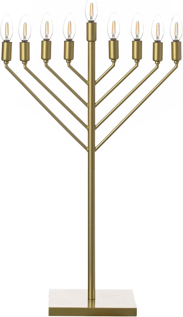 Large Modern Antique Gold Nine Branch Electric Chabad Style Hanukkah Menorah with Flame Shaped LED Bulbs