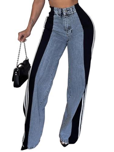 Angsuttc Womens Jeans with Patchwork Stripes High Waisted Stretchy Denim Color Block Straight Wide Leg Trendy Jean, Size M