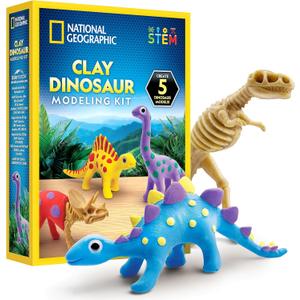 NATIONAL GEOGRAPHIC Clay Dinosaur Arts & Crafts Kit - Dinosaur Air Dry Clay for Kids with 5 Clay Colors, 5 Dino Skeletons & Googly Eyes, Dinosaur Activity for Girls and Boys Ages 4 5 6 7 8 9 & 10