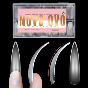 NOVO OVO Halloween XXL Curved Almond Stiletto Nail Tips Press on Full Cover, Soft Gel Extra Thick Long Acrylic Hawk Curve Fake Nails Extension Kit, Clear Pre-etched French False Nail 12 Sizes 300 Pcs