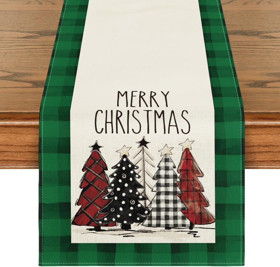 Artoid Mode Watercolor Green and Black Buffalo Plaid Christmas Trees Merry Xmas Table Runner, Seasonal Winter Holiday Kitchen Dining Table Decoration for Indoor Outdoor Home Party Decor 13 x 48 Inch