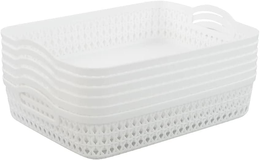 Sandmovie Plastic Woven Storage Basket Tray with Handles, White, 18Packs (12.99" x 9.84" x 2.76")