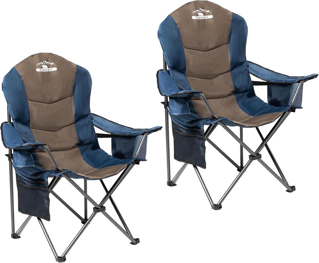 2 Pack Folding Camping Chairs Set of 2 for Adults High Back Padded Lawn Chairs Portable Outdoor Camp Chairs, 400lbs CapacityBlue & Brown, X-Large/2 PCS