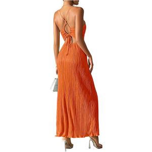 OYOANGLE Women's Summer Textured V Neck Sundress Tie Back Spaghetti Strap Pleated A Line Beach Long Maxi Party Dress, Small