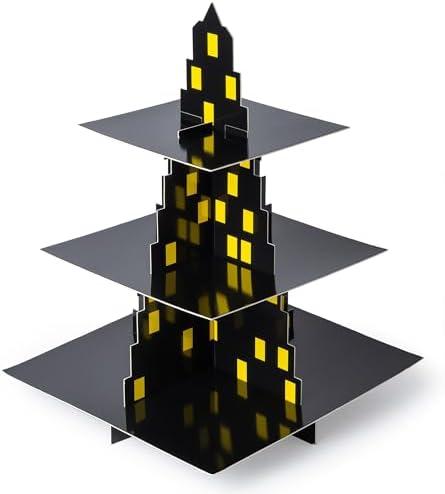 ELGVSK City Skyscraper 3-Tier Superhero Cupcake Stand - Black, Cardboard, Tiered Tray, Rectangular, Birthday, Modern, Solid