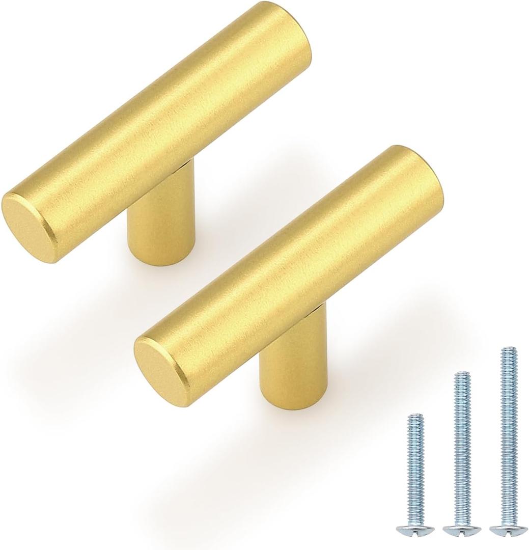 Probrico 5 Pack Euro Style Gold Cabinet Knobs, Single Hole Stainless Steel Kitchen Cabinet Handles Round T Bar Dresser Drawer Cupboard Hardware, 2 Inch Total Length