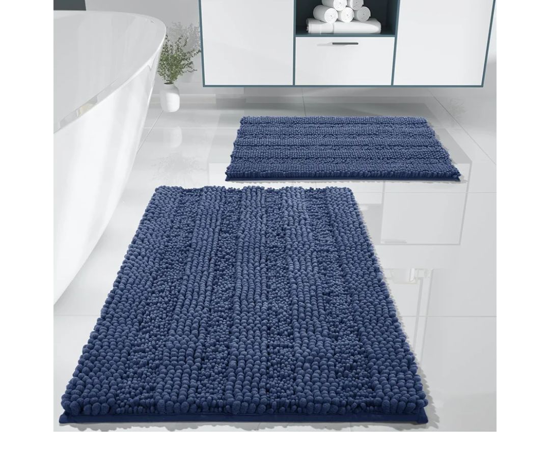 Yimobra Bathroom Rug Set 2 Piece, Soft Absorbent Chenille Bath Mat Set, Non Slip Machine Washable Quick Dry, Plush Shower Rugs for Bathroom Floor Sink Tub, Navy Blue, 62x41 inch + 82x50 inch