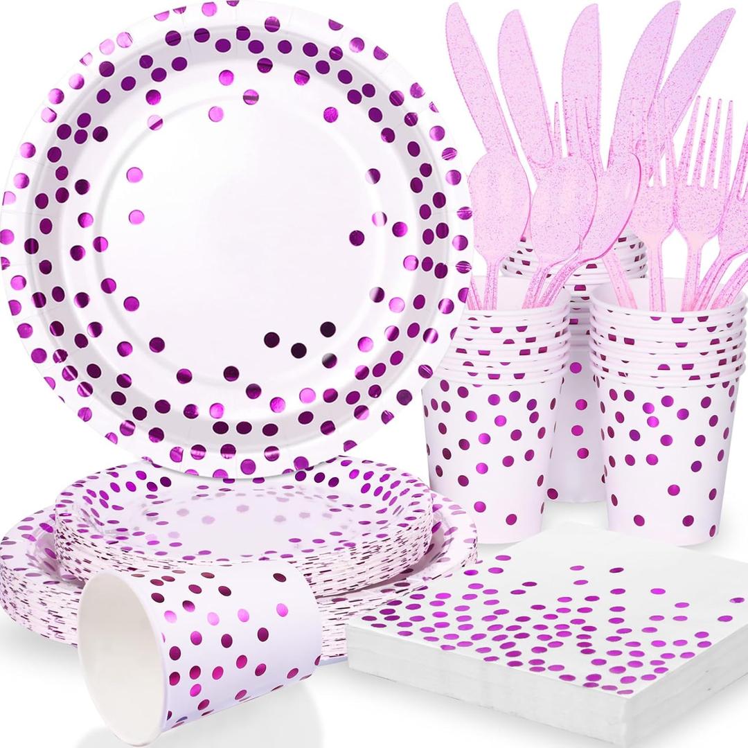 Purple Birthday Plates Decorations Party Supplies,168PCS Disposable Plates for 24 Guests - Purple Polka Dots Decorations for Birthday, Retirement, Wedding