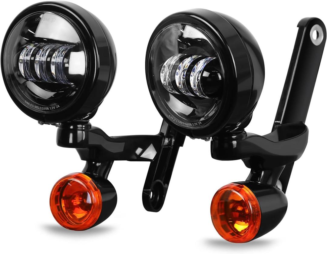 LED Auxiliary 4.5" Spot Fog Light Bracket Fit for Harley Street Electra Glide Road King Spotlight Passing Light W/Housing Bucket Bullet Turn Signals Lamp (Gloss Black, 14 UP Touring)